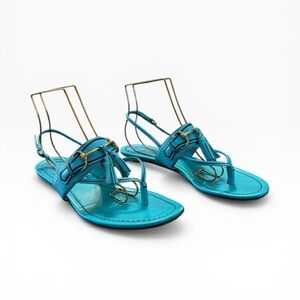 Gucci Turquoise Leather Tassel Horsebit Flat Thong Sandals EU 37 US 7